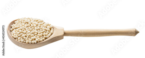 israeli pearl couscous in wooden spoon isolated