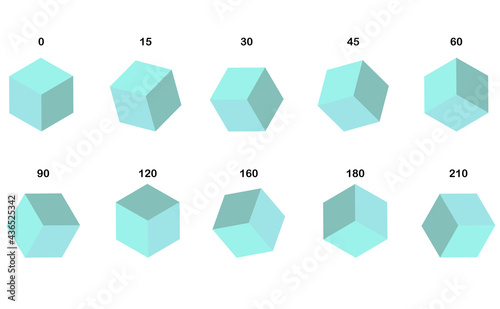 Set of cubes, tilt angle, isometry.Blue color
