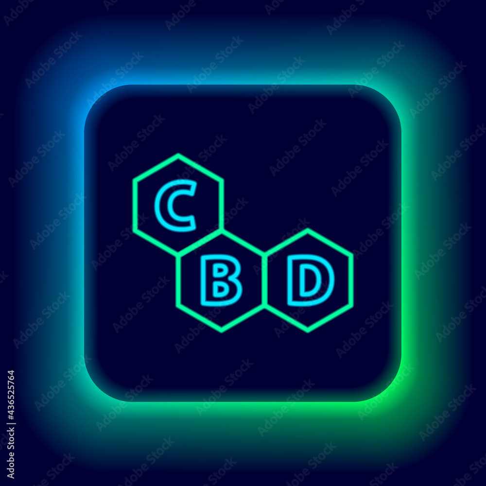 Fototapeta premium Glowing neon line Cannabis molecule icon isolated on black background. Cannabidiol molecular structures, THC and CBD formula. Marijuana sign. Colorful outline concept. Vector