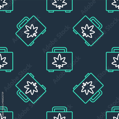 Line Shopping box of medical marijuana or cannabis leaf icon isolated seamless pattern on black background. Buying cannabis. Hemp symbol. Vector