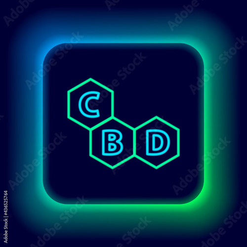 Glowing neon line Cannabis molecule icon isolated on black background. Cannabidiol molecular structures, THC and CBD formula. Marijuana sign. Colorful outline concept. Vector