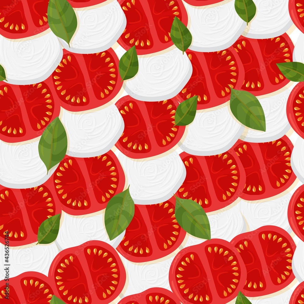 Pattern with tomato and mazzarella. Summer snack. Healthy breakfast. Vector illustration isolated on white background.