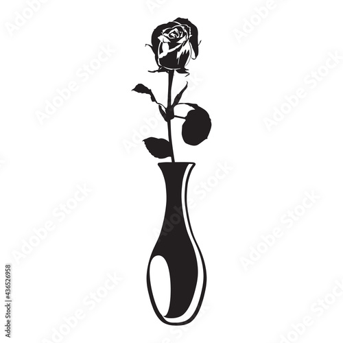 Rose flower in vase black silhouette vector illustration. Blooming garden flower