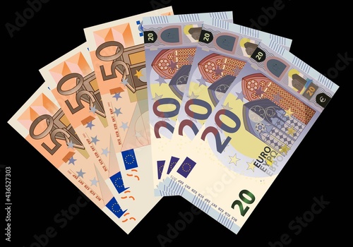 Manojo o abanico de billete de 50 y 20 euros sobre fondo negro. Cash. Dinero en efectivo. Financiación