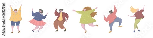 Set of happy people showing various positive position. Happy young people dance. Different teenage in motion. Active schoolchildren having fun. Flat vector cartoon illustration isolated on white