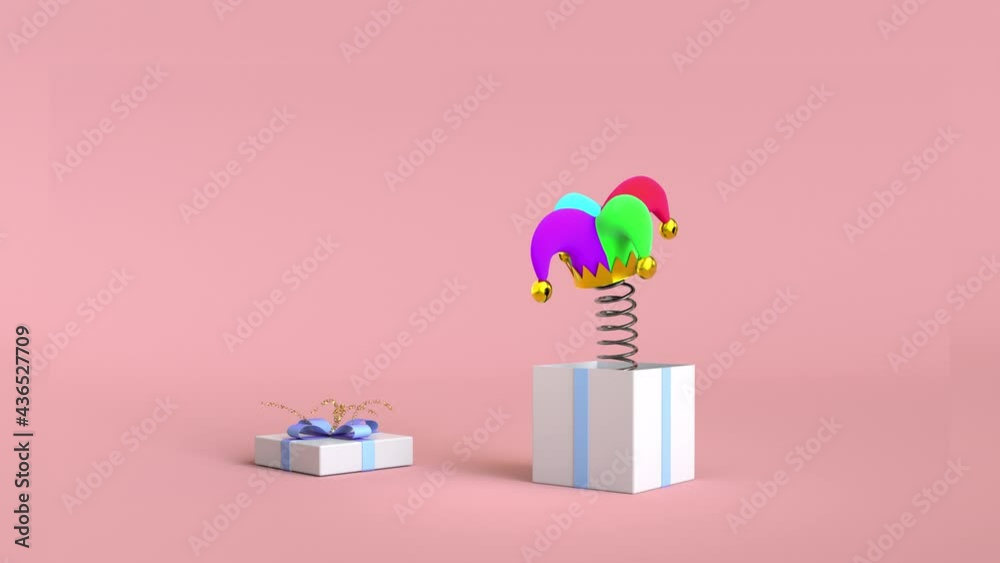 Gift box spring explode jester hat cerebration festival.Pastel mood tone style with 3d rendering animation.cartoon, spring, surprise, gift, clown, carnival, happy, funny, illustration, april, day, cir