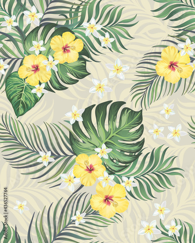 Tropical vector summer pattern. Jungle print with hibiscus flowers and palm leaves.