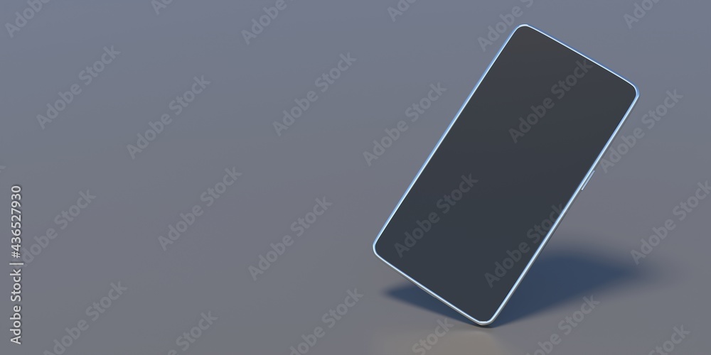 Smartphone with blank black screen on grey background. Copy space.3d illustration