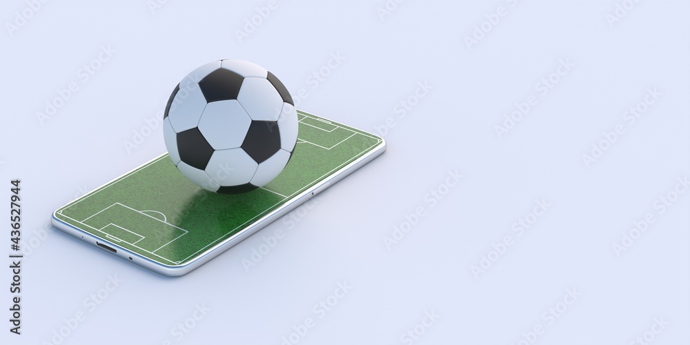 Green grass on mobile and soccer football ball isolated on white background. 3d illustration Green grass on mobile and soccer football ball isolated on white background. 3d illustration