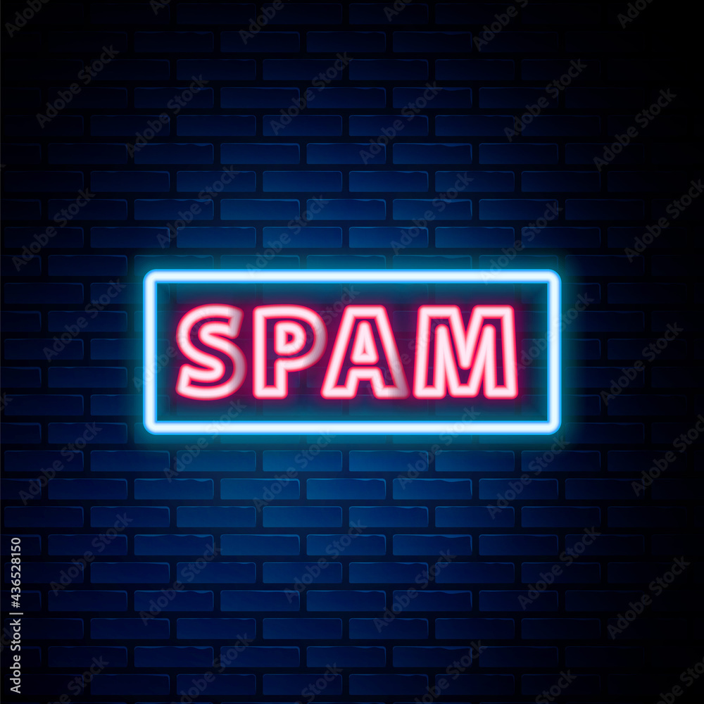 Glowing neon line Spam icon isolated on brick wall background. Colorful outline concept. Vector Glowing neon line Spam icon isolated on brick wall background. Colorful outline concept. Vector