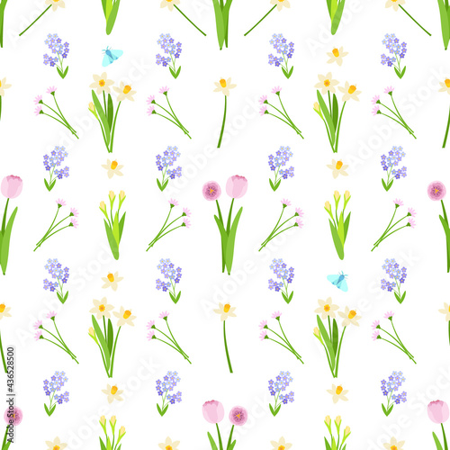 seamless pattern of blossoming fragrant daffodils and pink tulips, lilac forget-me-nots, with fluttering blue butterflies. vector illustration.