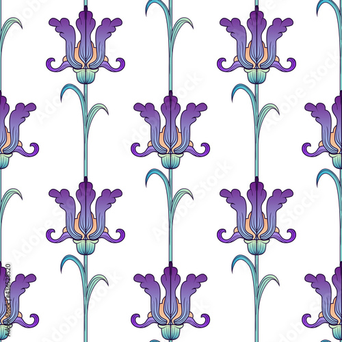 watercolor iris flower painted in the style of modern, art nouveau. Seamless pattern. Floral pastel watercolor style. Spring bouquet. Perfect for printing packaging, postcards, fabrics. EPS10