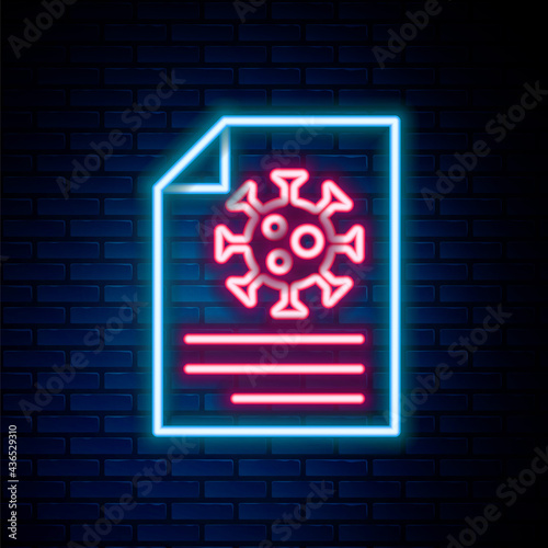 Glowing neon line Medical clipboard with blood test results icon isolated on brick wall background. Clinical record, medical check marks report. Colorful outline concept. Vector
