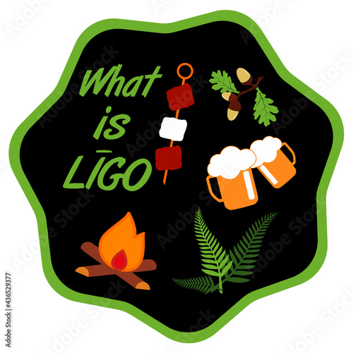 Logo of Latvian national event with traditional symbols and text in Latvian: "Ligo fest". Summer solstice day - Ligo,
 celebrates every summer 23-24 June. 