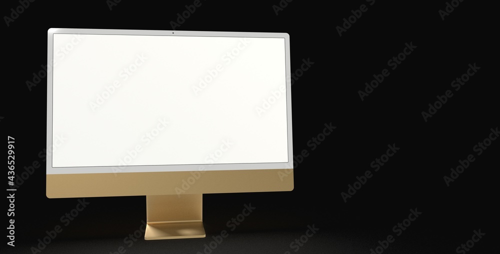 Workspace blank screen desktop computer, Mockup computer gold yellow Workspace blank screen desktop computer, Mockup computer gold yellow
