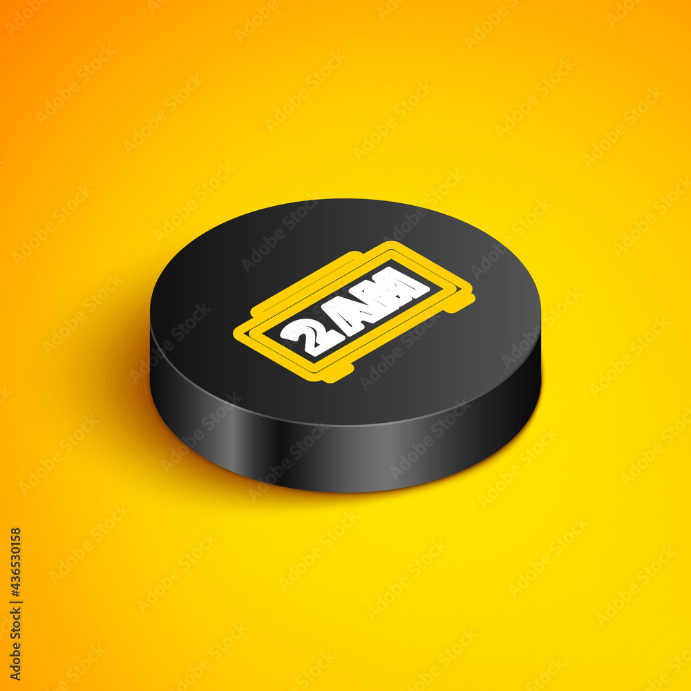 Isometric line Digital alarm clock icon isolated on yellow background. Electronic watch alarm clock. Time icon. Black circle button. Vector Isometric line Digital alarm clock icon isolated on yellow background. Electronic watch alarm clock. Time icon. Black circle button. Vector