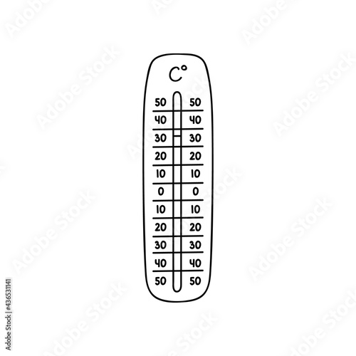 Celsius meteorology thermometer measuring heat and cold, vector illustration. Thermometer equipment showing hot or cold weather. Cute hand drawn doodle with hand drawn outline isolated on background.