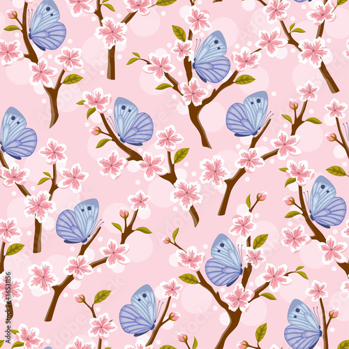 Seamless background with sakura flowers and cabbage butterflies. Vector illustration.