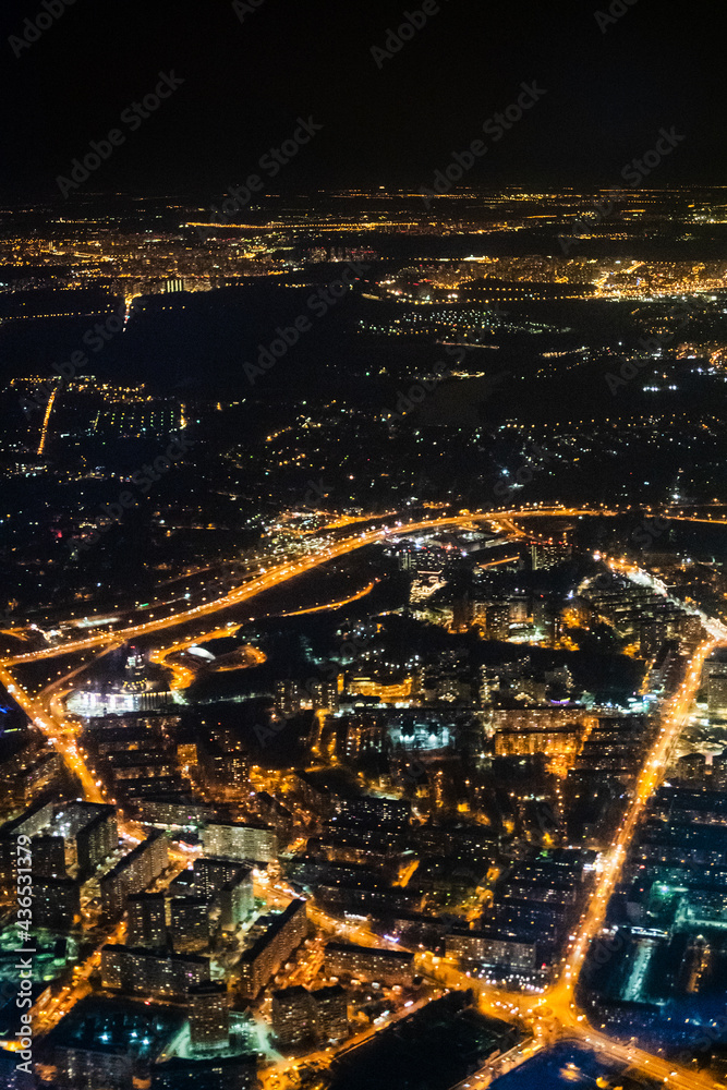 aerial view of illuminated outskirts of Moscow