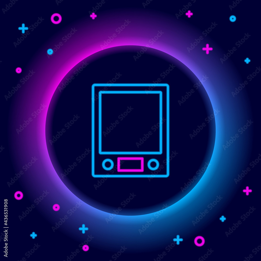 Glowing neon line Electronic scales icon isolated on black background. Weight measure equipment. Colorful outline concept. Vector