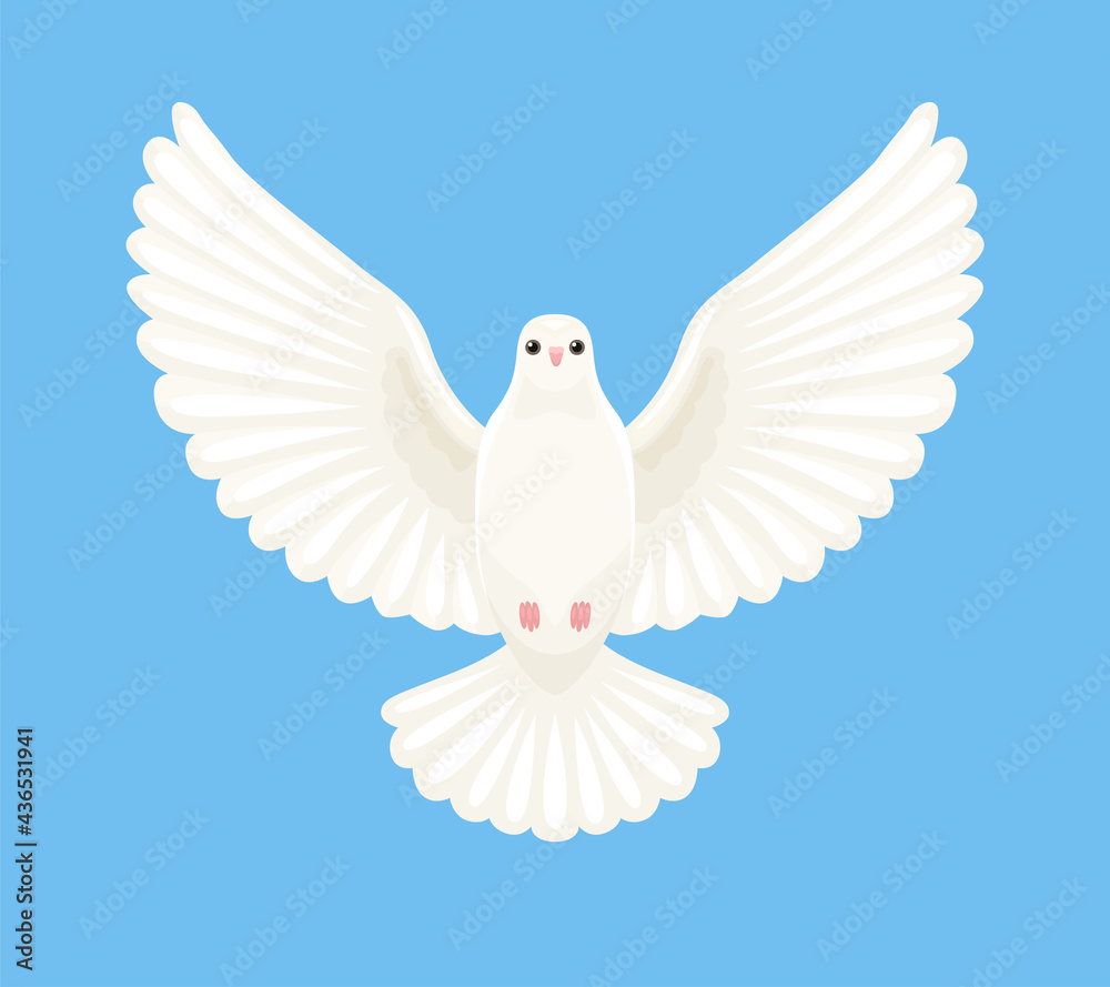 White vector dove with spread wings isolated on blue background. Simple flat cartoon bird illustration. White vector dove with spread wings isolated on blue background. Simple flat cartoon bird illustration.