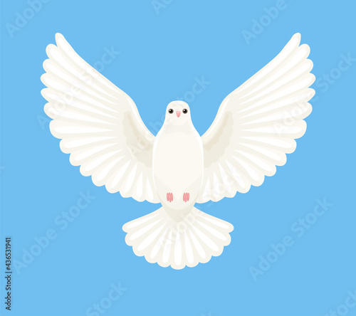 White vector dove with spread wings isolated on blue background. Simple flat cartoon bird illustration.