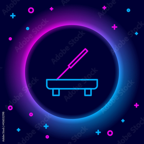 Glowing neon line Scented spa stick on a wooden stand icon isolated on black background. Incense stick. Cosmetic procedure aromatherapy. Colorful outline concept. Vector