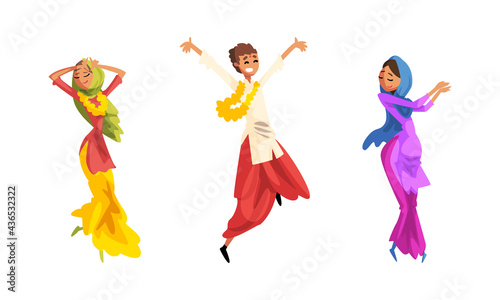 Happy Indian People in Traditional National Clothes Dancing vector Illustration