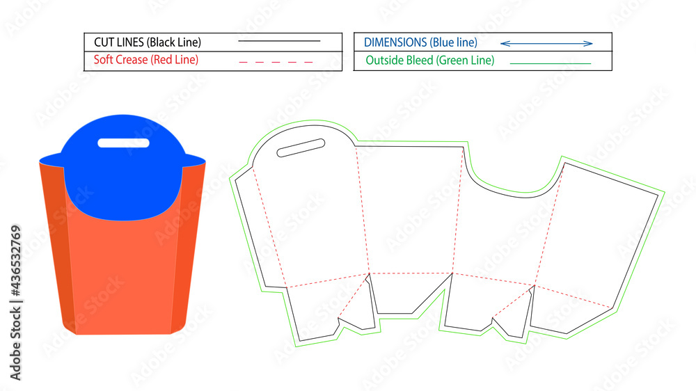 French fry box, french fry die cut, dieline template and 3d box, color