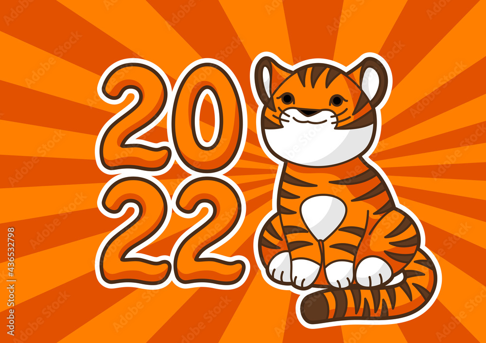Greeting card with cute tiger. Symbol of Happy Chinese New Year 2022. Greeting card with cute tiger. Symbol of Happy Chinese New Year 2022.