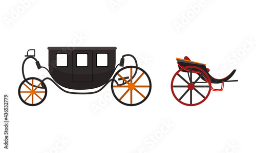 Vintage Brougham Set, Old Carriage for People Transportation Flat Vector Illustration