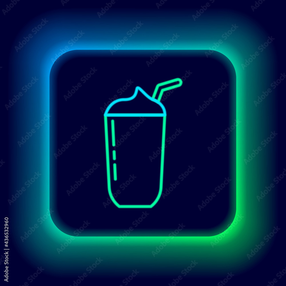 Glowing neon line Milkshake icon isolated on black background. Plastic cup with lid and straw. Colorful outline concept. Vector Glowing neon line Milkshake icon isolated on black background. Plastic cup with lid and straw. Colorful outline concept. Vector