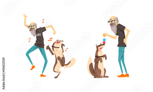 Old Man Playing and Dancing with his Dog Set, Lonely Senior Man Having Good Time with his Pet Animal Cartoon Vector Illustration