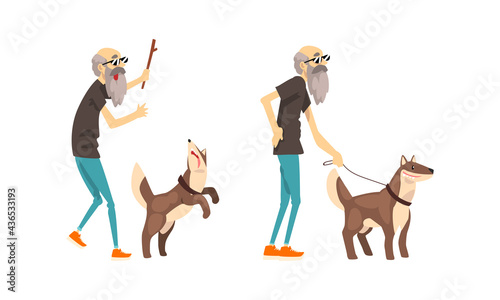 Old Man Walking with his Dog Set, Lonely Senior Man Having Good Time with his Pet Animal Cartoon Vector Illustration