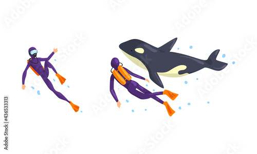 Animal Trainer and Orca Performing in Dolphinarium or Oceanarium Cartoon Vector Illustration