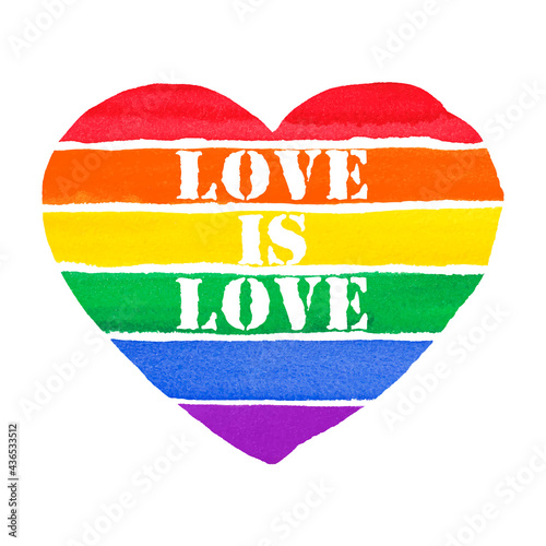 Love is Love. Watercolor Hand Painted Colorful Rainbow with Lettering