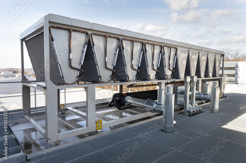 heat exchanger on roof of a factory with air compressor