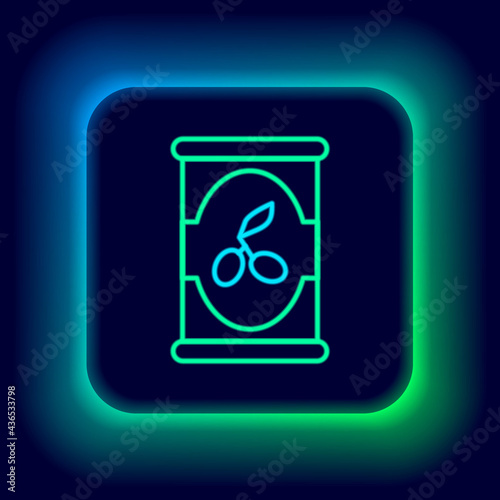 Glowing neon line Olives in can icon isolated on black background. Concept of canned food. Colorful outline concept. Vector