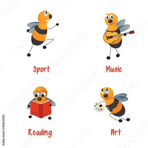 Bees and hobbies set - Sport  Music  Reading and Art
