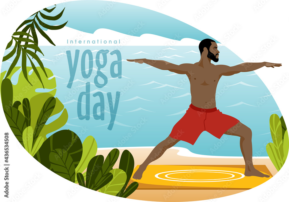 Illustration for international yoga day 21 June. A young man in a yoga pose stands against the background of the ocean. Vector illustration.