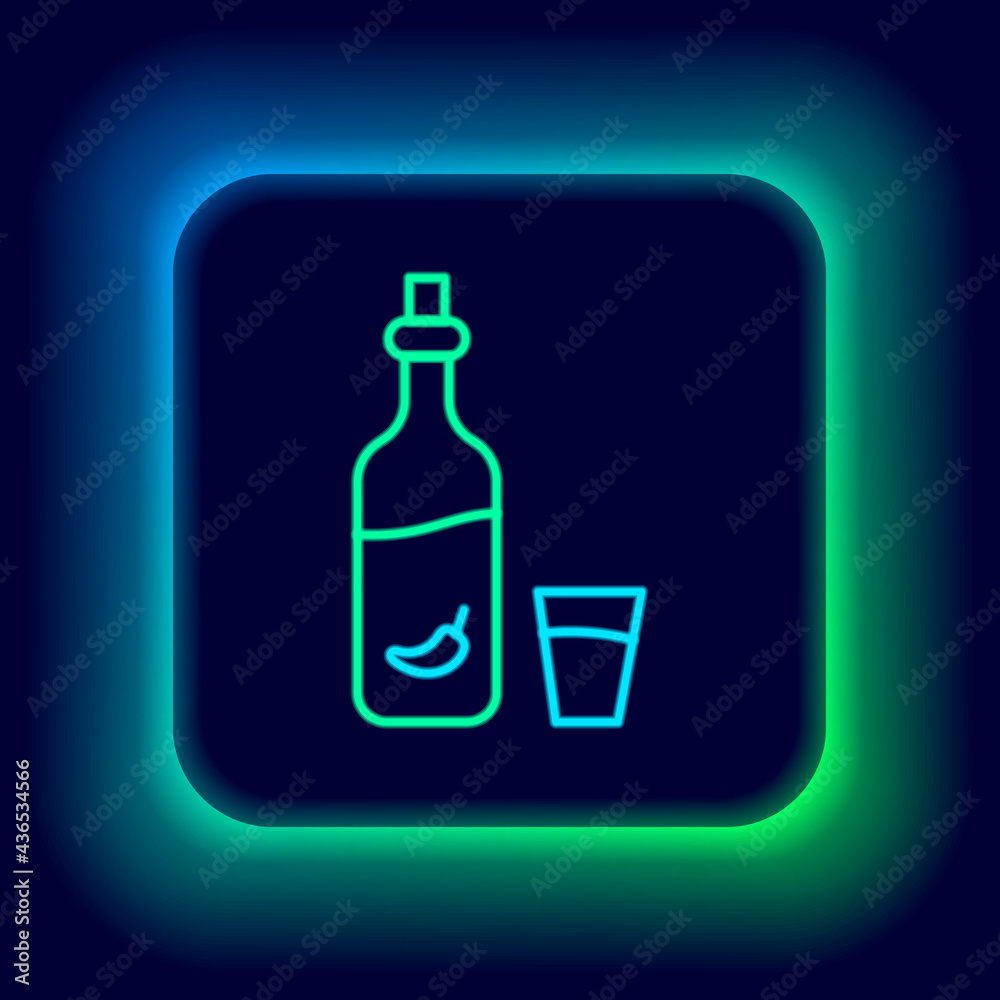Glowing neon line Vodka with pepper and glass icon isolated on black background. Ukrainian national alcohol. Colorful outline concept. Vector Glowing neon line Vodka with pepper and glass icon isolated on black background. Ukrainian national alcohol. Colorful outline concept. Vector