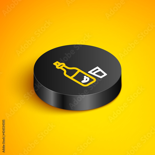 Isometric line Vodka with pepper and glass icon isolated on yellow background. Ukrainian national alcohol. Black circle button. Vector