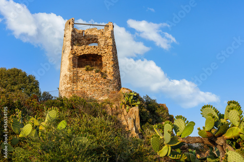 Ancient watch tower in Villasimius, Sardinia, Italy. Cactuses cacti in the foreground. photo