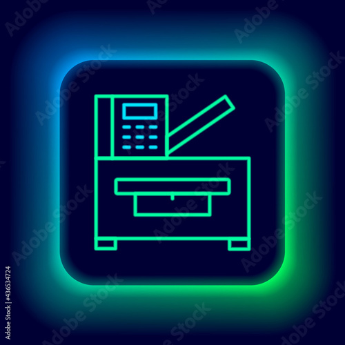 Glowing neon line Office multifunction printer copy machine icon isolated on black background. Colorful outline concept. Vector