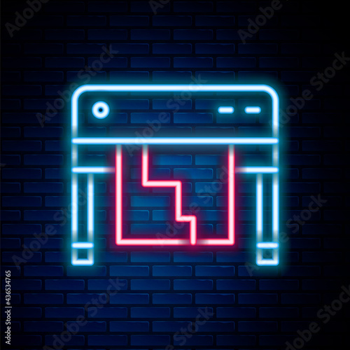 Glowing neon line Plotter icon isolated on brick wall background. Large format multifunction printer. Polygraphy, printshop service. Colorful outline concept. Vector