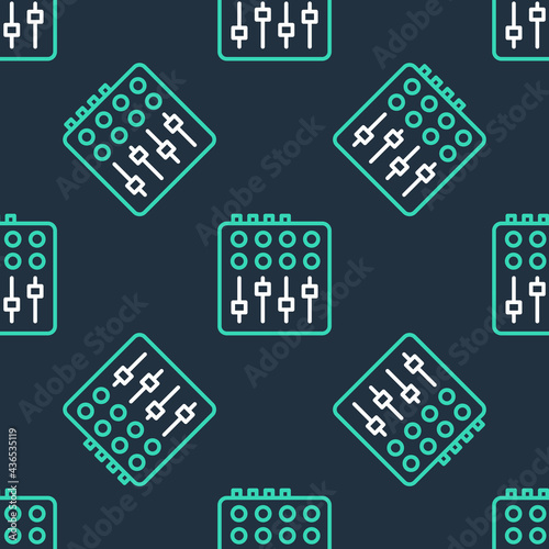 Line Sound mixer controller icon isolated seamless pattern on black background. Dj equipment slider buttons. Mixing console. Vector