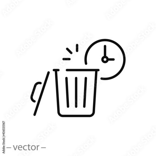 trash bin with clock, icon, recycle time, hour cleaning, waste, thin line symbol on white background - editable stroke vector eps10 photo