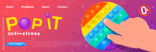 Kids toy website template, silicone Pop it anti stress toy. Burst bubbles. Vector, illustration photo