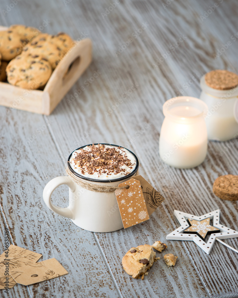 a cup of hot coffee sprinkled with chocolate with cookies a cup of hot coffee sprinkled with chocolate with cookies