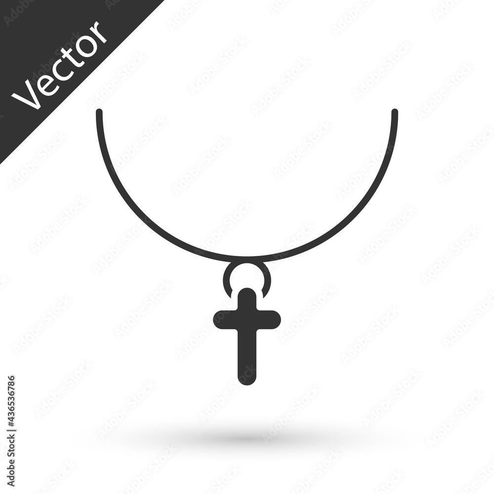 Grey Christian cross on chain icon isolated on white background. Church cross. Vector Illustration Grey Christian cross on chain icon isolated on white background. Church cross. Vector Illustration
